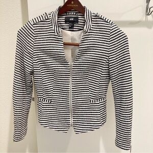 H&M jacket black and white gold metallic striped fitted zip-front blazer